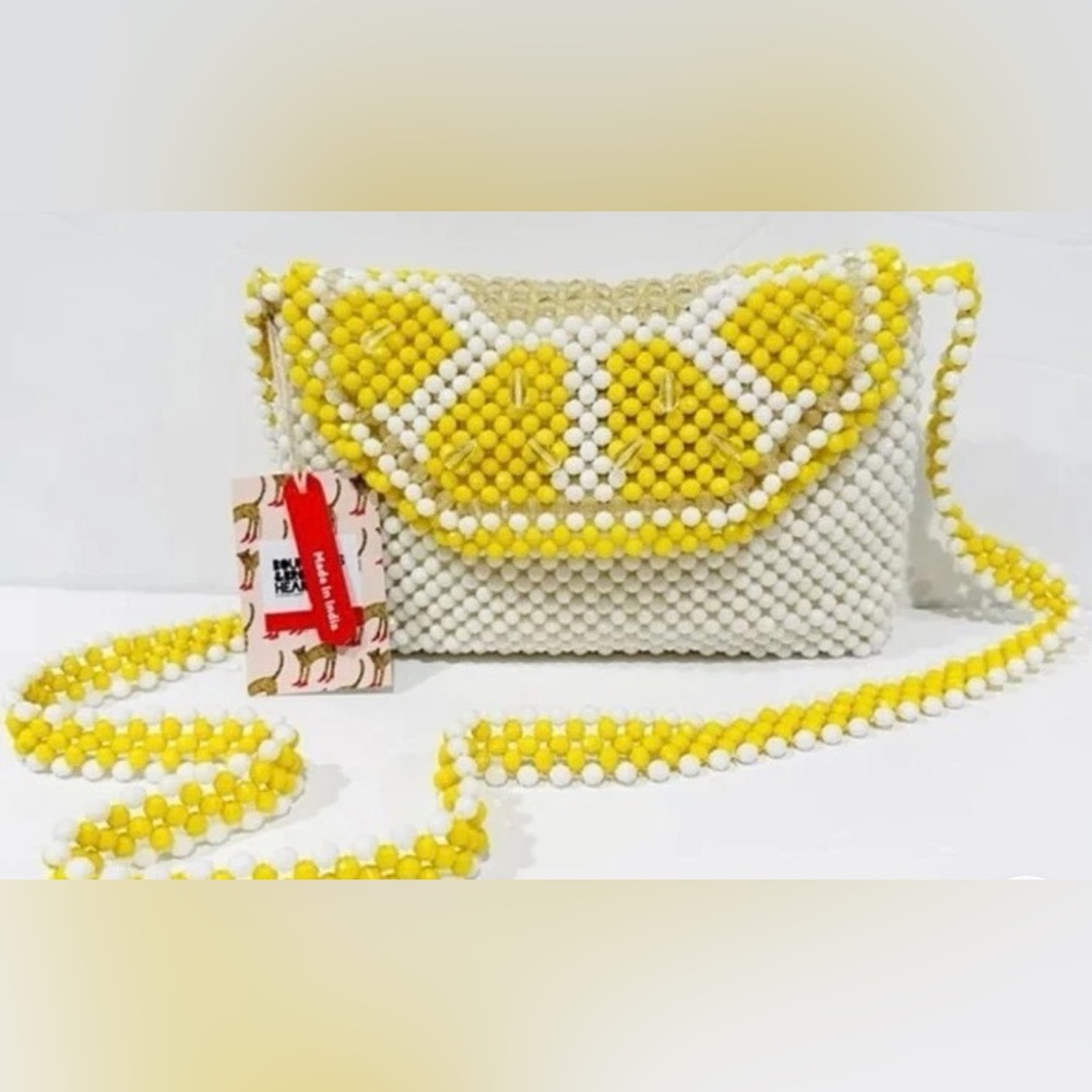 NWT Bouffants & Broken Hearts Yellow & White Beaded Lemon Clutch Shoulder Bag